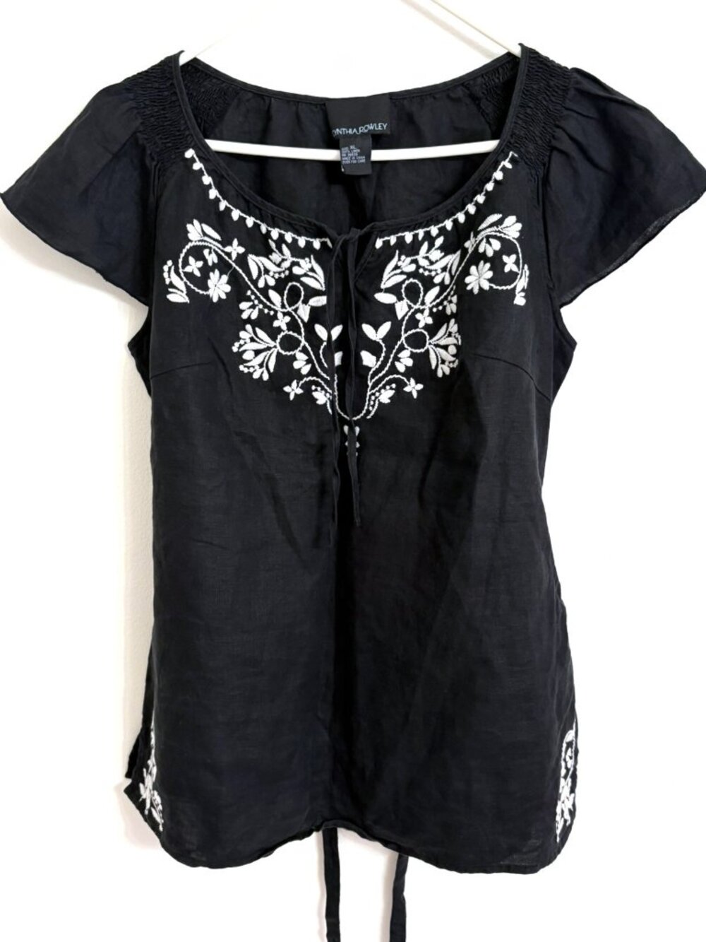 Cynthia Rowley Black Short Sleeve Embroidered White Floral Linen XL Shirt